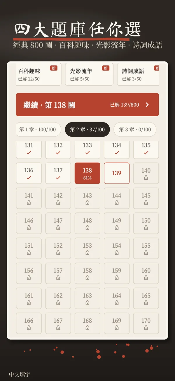 四大題庫任你選：經典 800 關、百科趣味、光影流年、詩詞成語